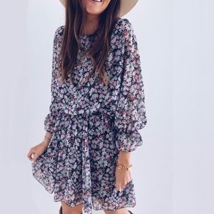 Zara Floral Print Long Sleeve Dress Purple Large
